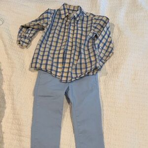 Boys Blue & Yellow Plaid Button-Down Shirt with Light Blue Pants